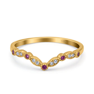 14K Yellow Gold Curved Marquise Half Eternity Stackable Ring Simulated Ruby CZ Size-7